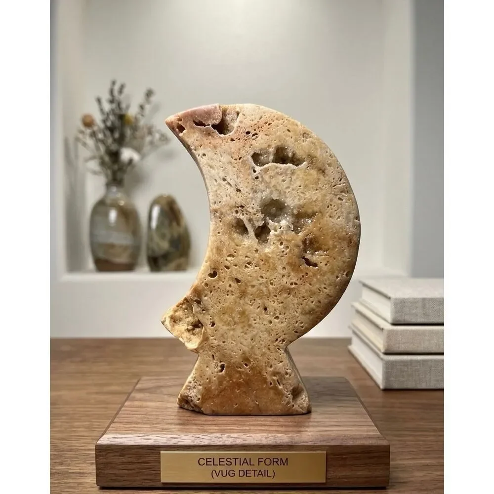 Vintage Natural Travertine Moon Sculpture Hand Carved Stone Crescent Modern Deco